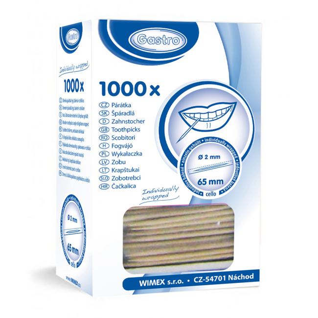 [HY605076] Špáradlá drevené hygienicky balené 2 x 65 mm (1000 ks)