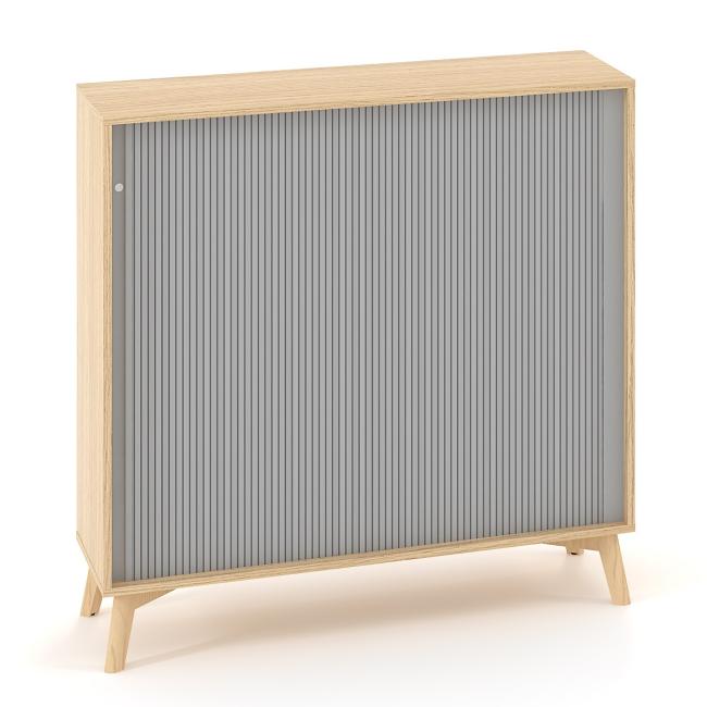 Knižnica ALFA ROOT s dlhou priečkou, žalúziové dvere RAL9010, 2 police, 120x45x121,5cm, dub