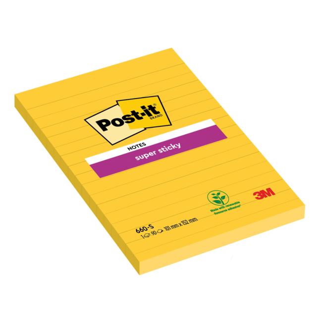 Samolepiaci bloček Post-it Super Sticky, 102x152 mm, žltý, linajky