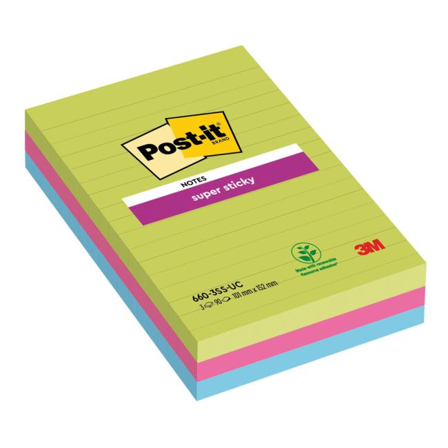 Samolepiaci bloček Post-it Super Sticky 101 mm x 152 mm XXL, dúhové farby, linajkové, 3 bločky po 90 lístkov