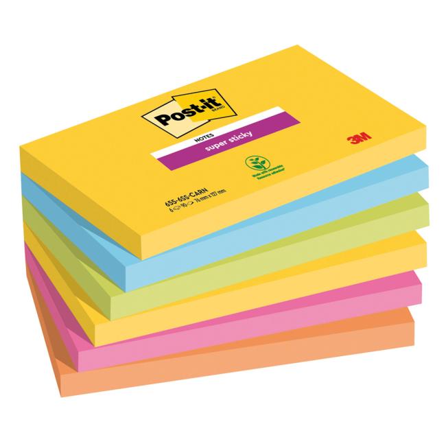 Post-it Super Sticky CARNIVAL, size 76 x 127 mm 6 pads of 90 cards