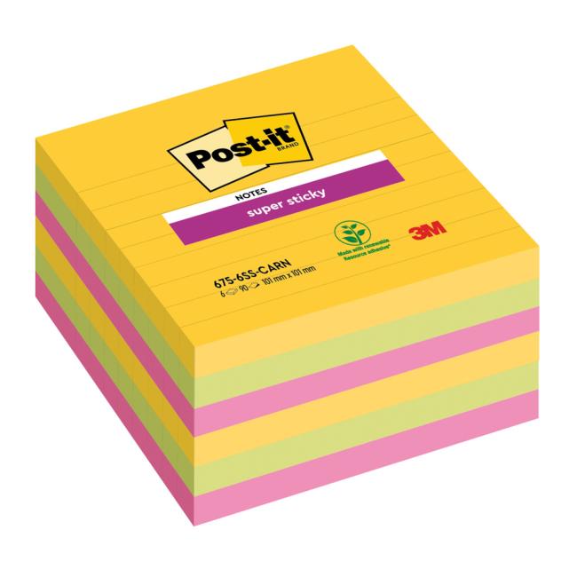 Post-it Super Sticky CARNIVAL, size 101x101 mm, 6 pads of 90 cards