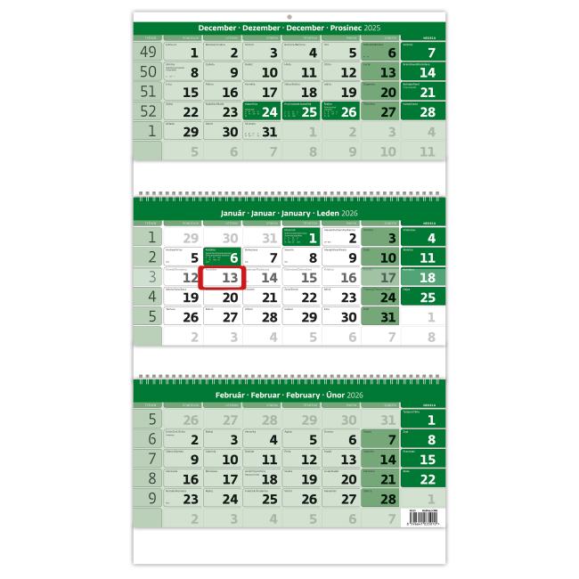 [N325] Wall calendar 3-month green with spiral 31.5 x 55.5 cm 2026