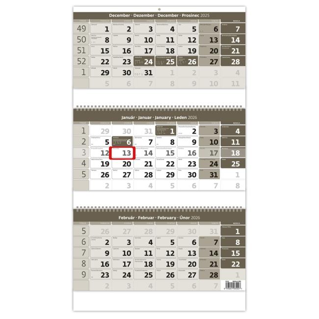 Wall calendar 3-month gray with spiral 31.5 x 55.5 cm 2026