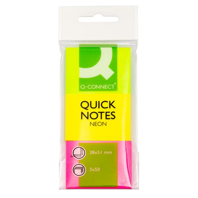 Self-adhesive pad Q-CONNECT 51x38 mm, green, pink, yellow, 3 pads of 50 leaves