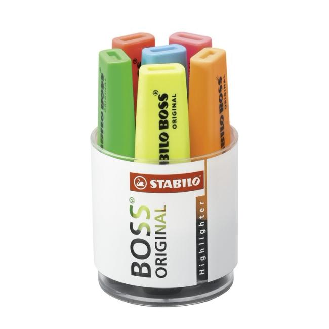 Highlighter set STABILO BOSS ORIGINAL 6 pcs glass jar yellow, green, orange, red, pink, blue
