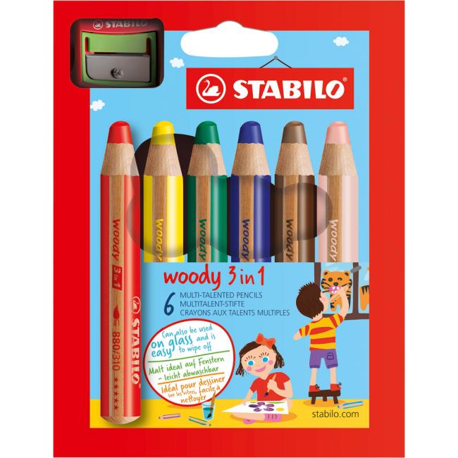STABILO woody pastelky 3v1 6 ks. Sada v kartónovom obale so strúhadlom