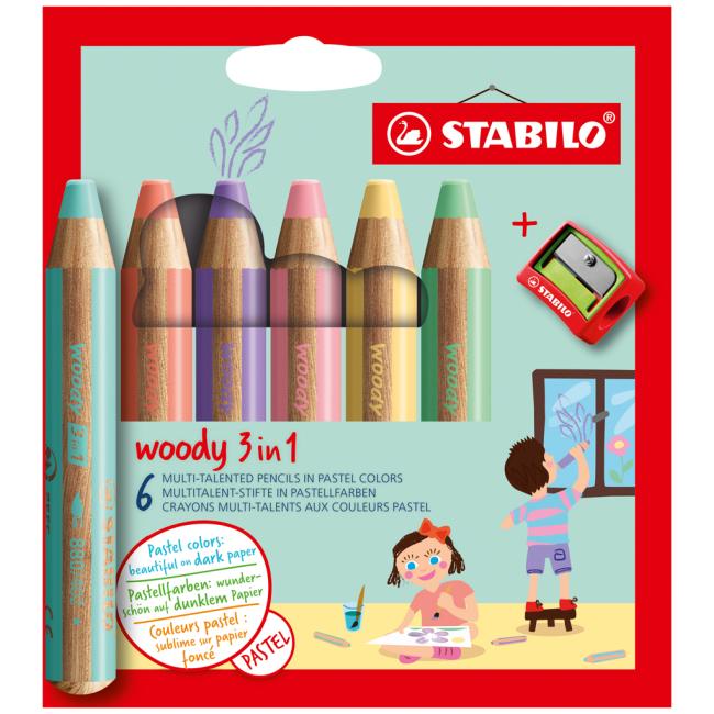 [ST880663] STABILO woody 3 in 1 crayons Pastel 6 pcs Set in a cardboard package with a grater