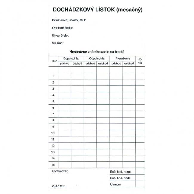 Monthly attendance card (cardboard)