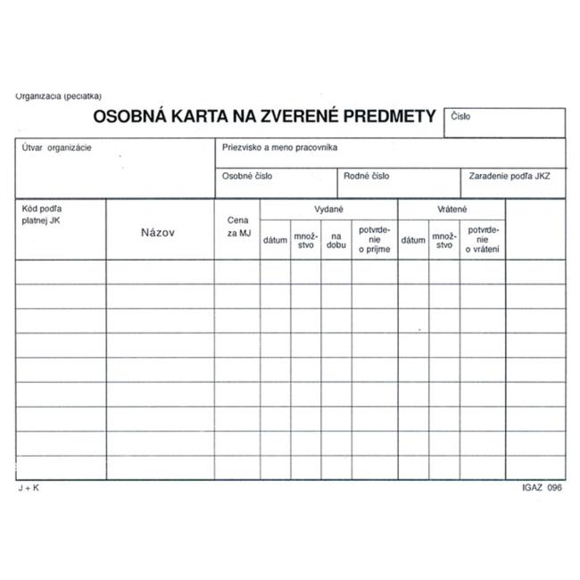 [TL096000] Osobná karta na zverené predmety