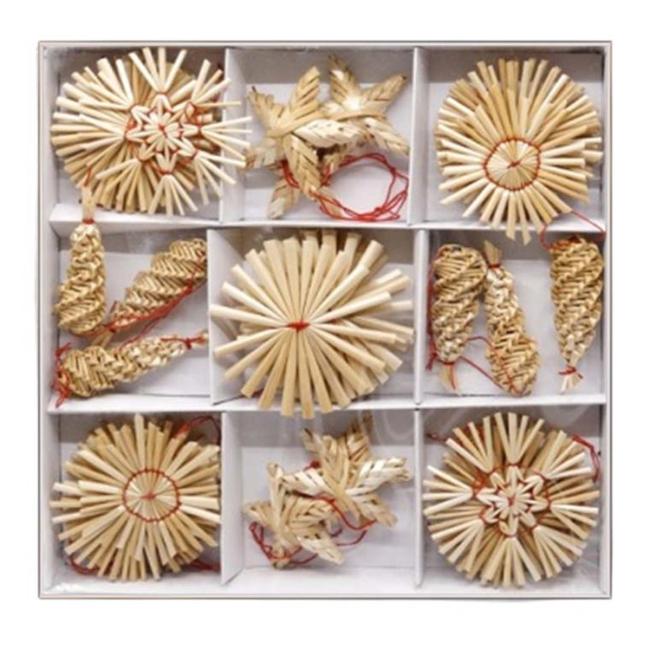 Straw ornaments 36 pcs, mix in a box, natural design