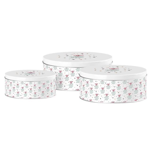 Tin can 3 pcs set 200x90/185x80/140x65 mm round MISTLETOE MAGIC, white, blue