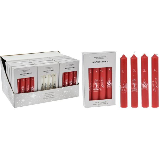 Adventná domáca sviečka 4 ks 215x160mm kalendár vianočných motívov mix, červená, biela