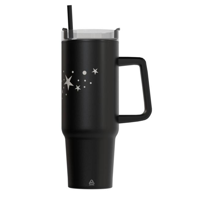Double-walled black personalized thermos mug with straw 900ml