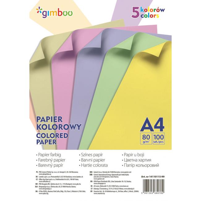 [DO011599] Gimboo farebný papier A4, 100 listov, 80g, 5 pastelových farieb