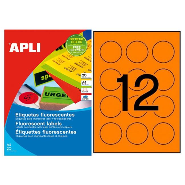 [AG002867] Etikety okrúhle farby priemer 60 mm APLI A4 20 listov fluo oranžová