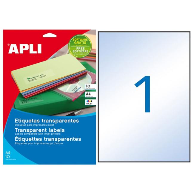 [AG010053] Polyester transparent labels 210x297mm APLI A4 inkjet 10 sheets