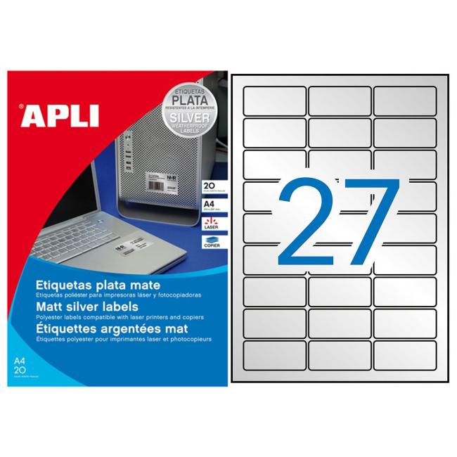 [AG010070] Polyester labels 63.5x29.6mm APLI A4 20 sheets silver