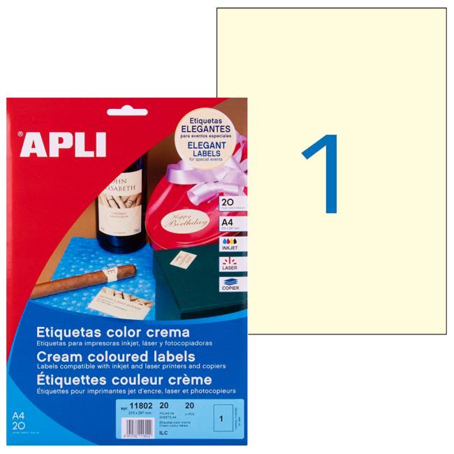[AG011802] Farebné etikety 210x297mm APLI A4 20 listov krém