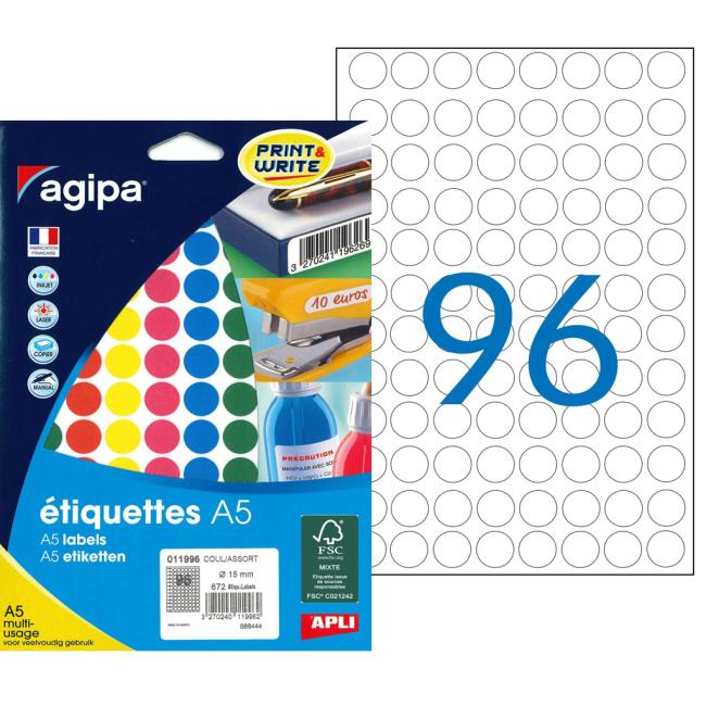[AG011996] Round labels 15mm Agipa A5 mix 5 colors