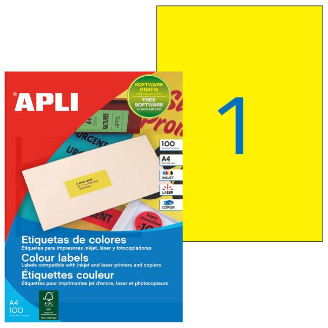 [AG100754] Color labels 210x297mm APLI A4 100 sheets fluo yellow