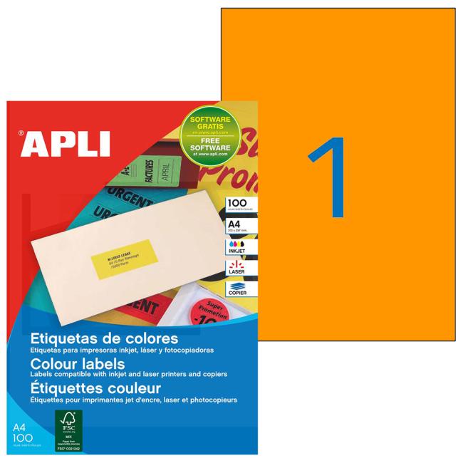 [AG100755] Color labels 210x297mm APLI A4 100 sheets fluo orange