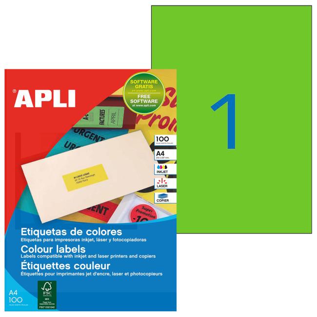 [AG100757] Color labels 210x297mm APLI A4 100 sheets fluo green