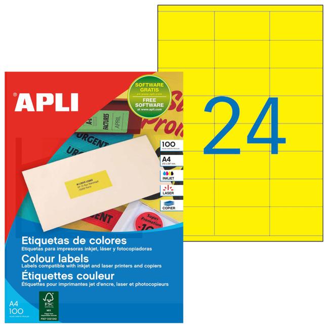 [AG100764] Color labels 70x35mm APLI A4 100 sheets fluo yellow