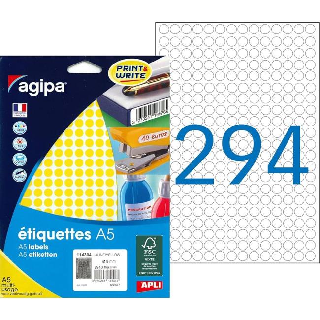 [AG114304] Round labels 8mm Agipa A5 yellow