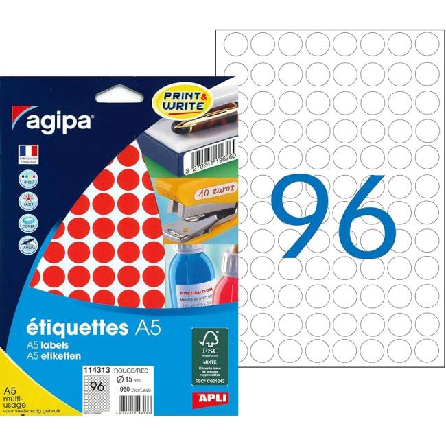 Labels circular 15mm Agipa A5 red
