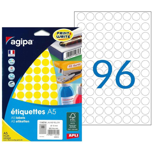 Round labels 15mm Agipa A5 yellow