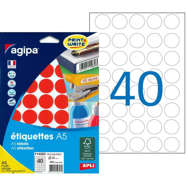 [AG114323] Okrúhle štítky 24mm Agipa A5 červené