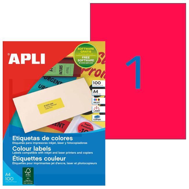 Farebné etikety 210x297mm APLI A4 100 listov fluo červená