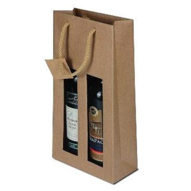 [EC040014] Brown paper wine bag with window for 2 bottles, cotton tabs (1pc)
