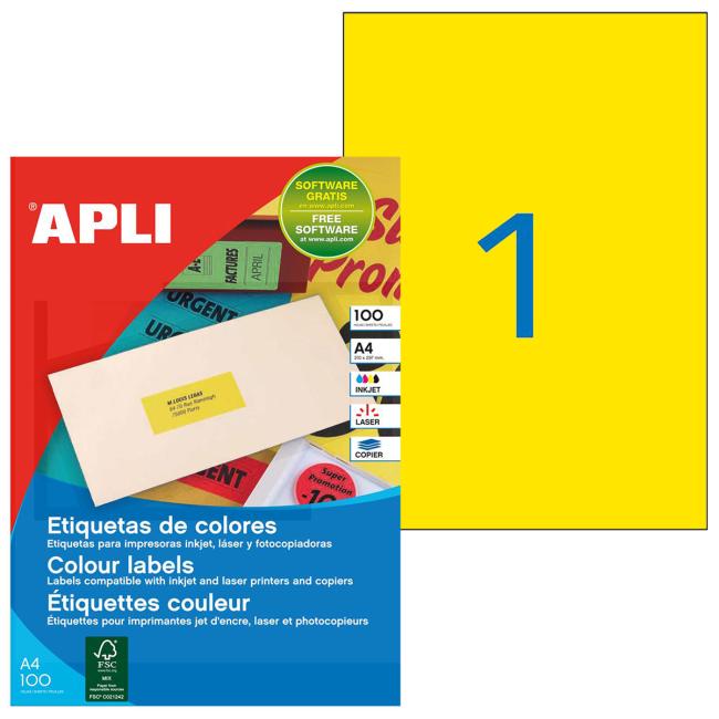 Color labels 210x297mm APLI A4 100 sheets yellow