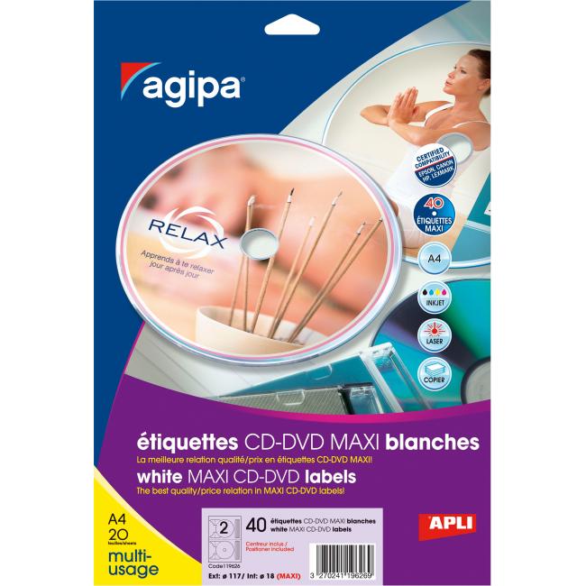 Labels universal for CD/DVD diameter 117.5 -17mm Agipa 20 sheets