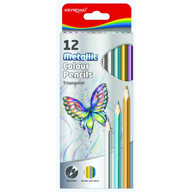 Trojuholníkové metalické pastelky KEYROAD, 12 farieb