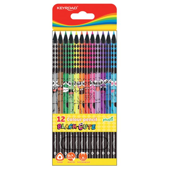 Colored pencils triangular elastic KEYROAD black wood, set of 12 pcs