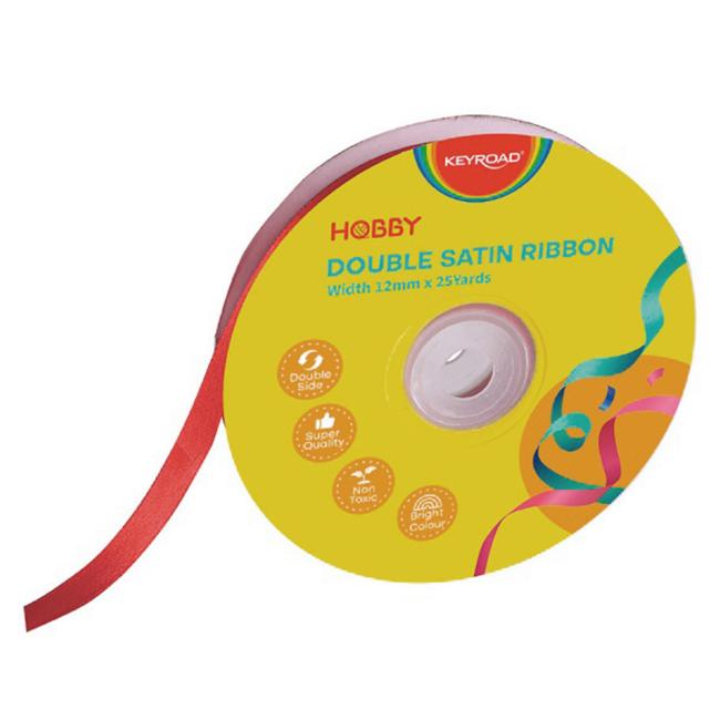 KEYROAD double satin ribbon, 12 mm x 22.86 m, on a spool, red