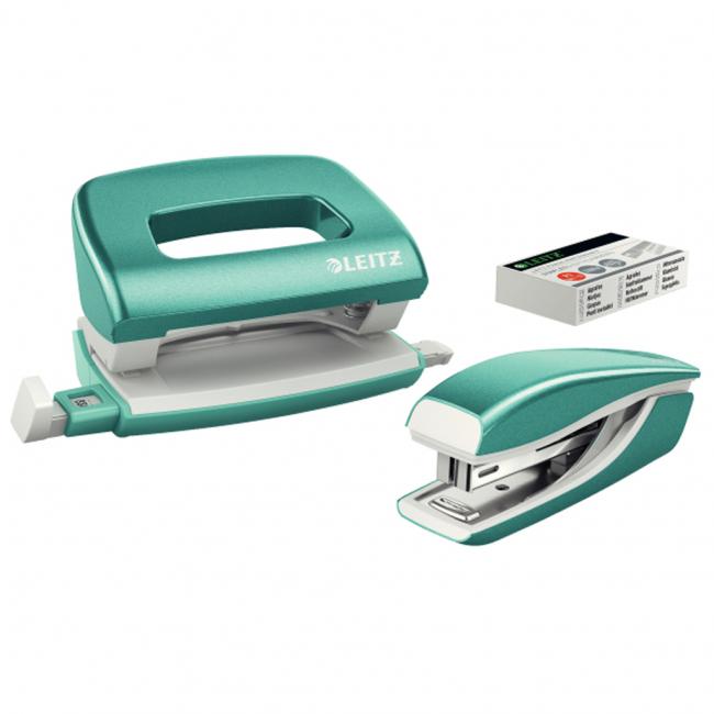 Stapler and hole punch set Leitz WOW mini ice blue