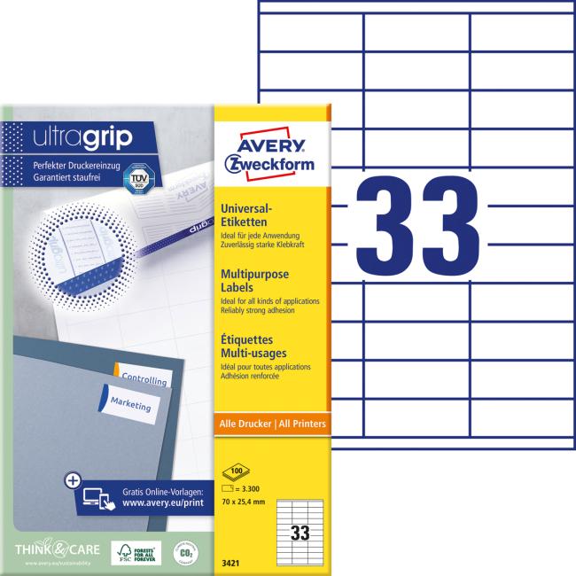 [AV003421] Universal labels 70x25.4mm Avery A4 100 sheets