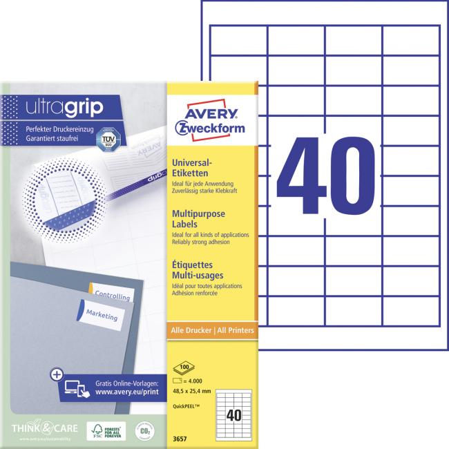Universal labels 48.5x25.4mm Avery A4 100 sheets