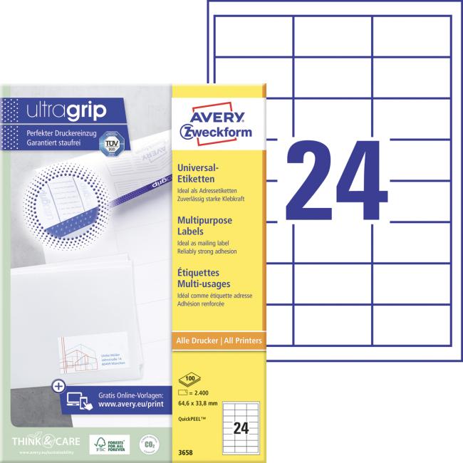 [AV003658] Etikety univerzálne 64,6x33,8mm Avery A4 100 hárkov