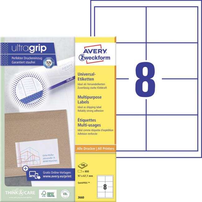 [AV003660] Etikety univerzálne 97x67,7mm Avery A4 100 hárkov