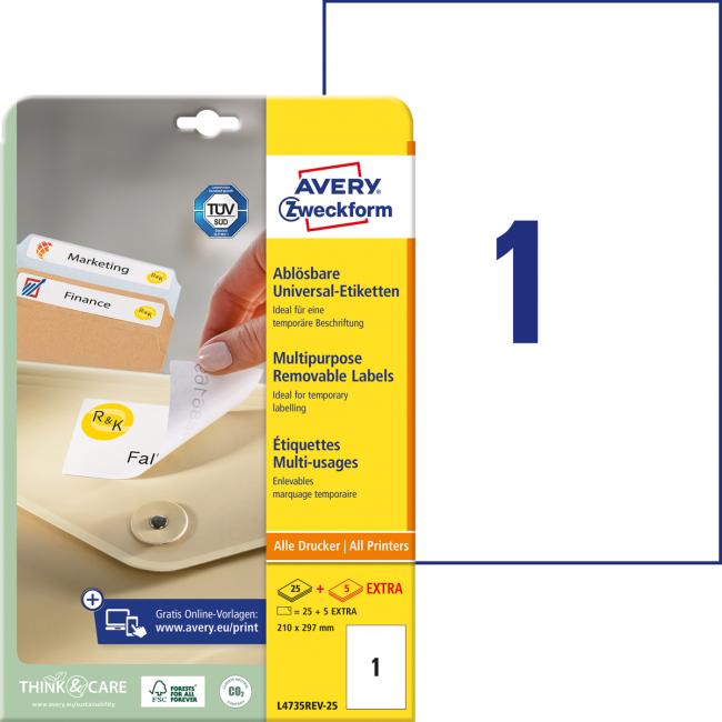 [AV004735] Universal removable labels 210x297mm Avery A4 25+5 sheets