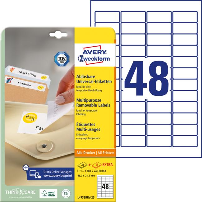 Universal removable labels 45.7x21.2mm Avery A4 25+5 sheets
