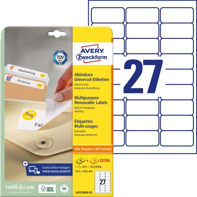 Universal removable labels 63.5x29.6mm Avery A4 25+5 sheets