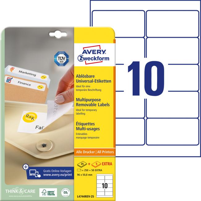 Universal removable labels 96x50.8mm Avery A4 25+5 sheets
