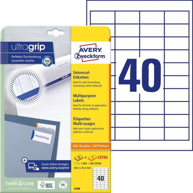 Universal labels 48.5x25.4mm Avery A4 25+5 sheets
