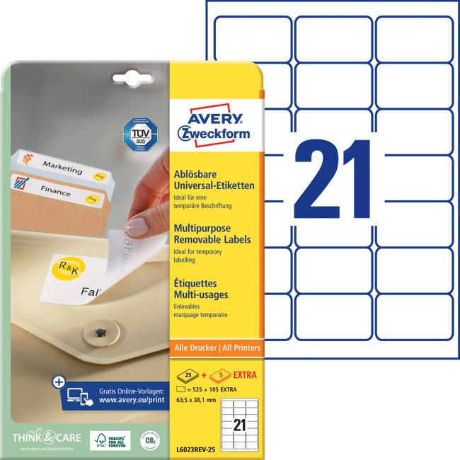 Universal removable labels 63.5x38.1mm Avery A4 25+5 sheets